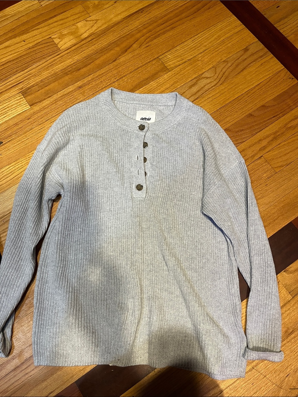 aerie Light Gray Ribbed Crewneck Henley Sweater